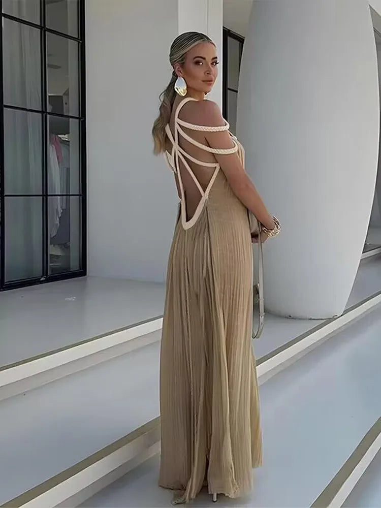 LIZAKOSHT  -  Fashion Halter Long Dress For Women Sleeveless Backless Draped Slip Lace Up Robe 2025 Summer Elegant Female Daily Beach Dresses