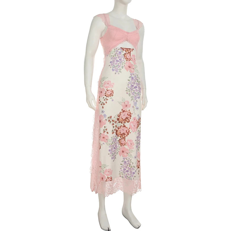 LIZAKOSHT  -  Floral Print Lace Patchwork Dresses Sexy Hollow Out Slits Party Dress Summer Chic Harajuku Vacation Long Outfits