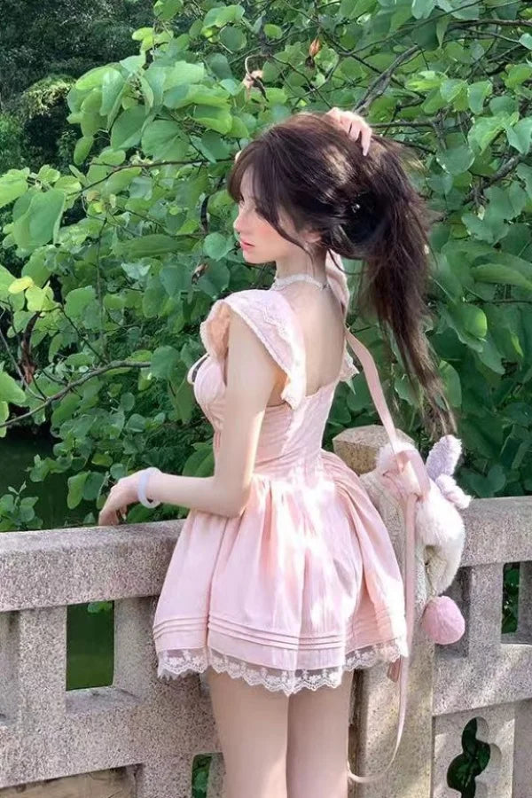 LIZAKOSHT  -  Women's Design-sensual Straps Lace Spliced little Flying Sleeves Princess Pure and Sweet Waist-hugging Slim Dress