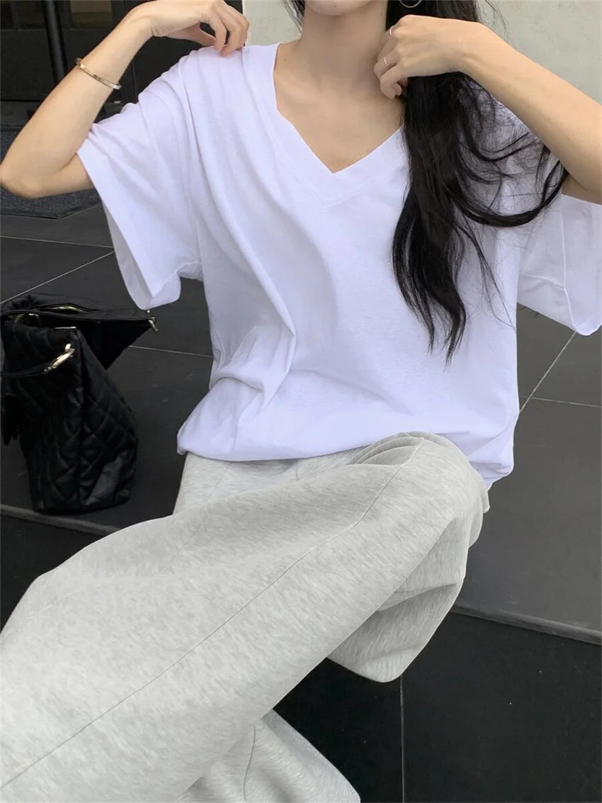 LIZAKOSHT  -  White Loose T-Shirts Fashion Women V-Neck Casual Summer 2024 Mujer Office Lady New Daily Chic High Street Tees