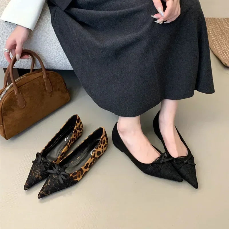 LIZAKOSHT  -  Elegant Pointed Toe Women Shoes Leopard Print Shallow Mules Shoes 2025 Spring Fashion Suede Bow Design Flat Shoes Zapatos Mujer
