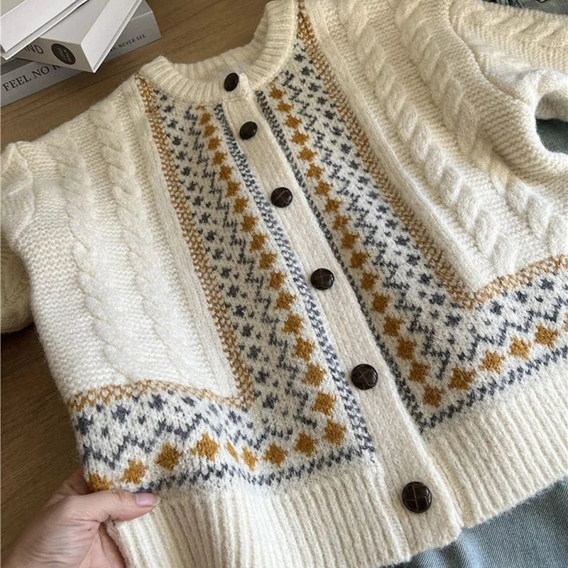 LIZAKOSHT  -  Vintage Jacquard Knit Cardigan Women Loose Casual Lazy Wind Print Button Pullovers Korean Long Sleeve Baggy Aesthetic Outwear