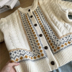LIZAKOSHT  -  Vintage Jacquard Knit Cardigan Women Loose Casual Lazy Wind Print Button Pullovers Korean Long Sleeve Baggy Aesthetic Outwear
