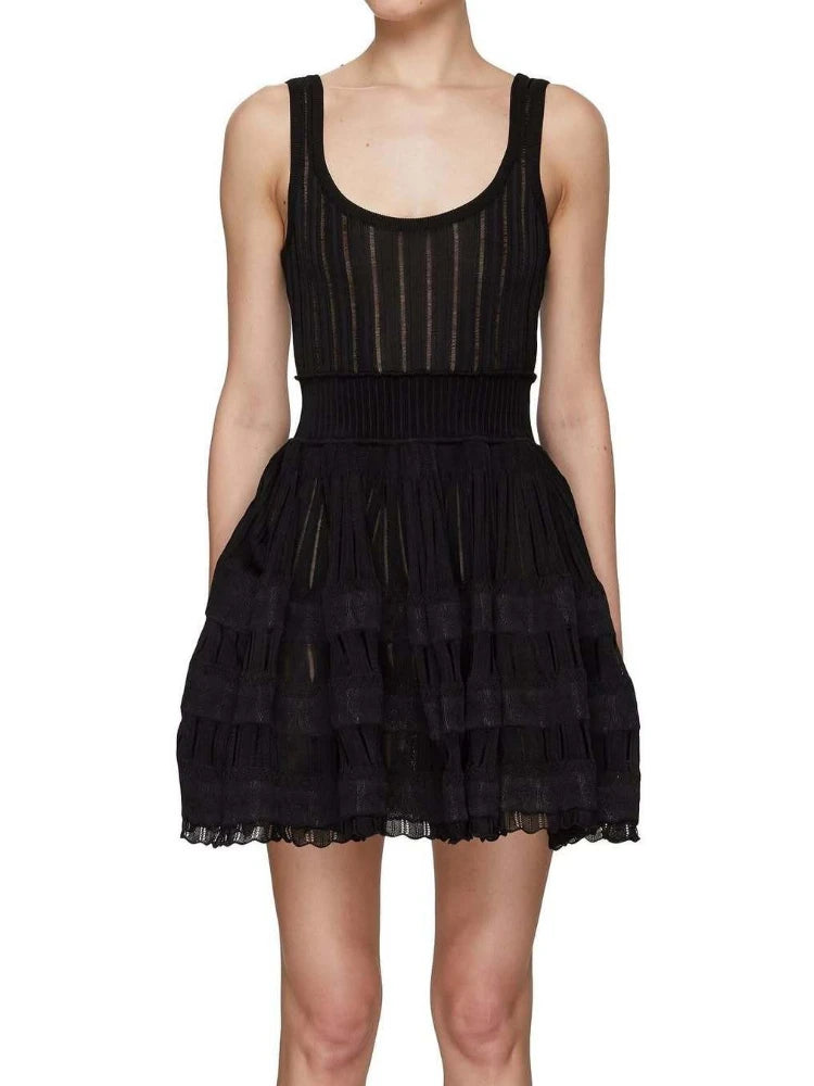 LIZAKOSHT  -  Hollow Out Ruffle Knit Sundress Women High Waist Casual Solid Sleeveless Dresses Vacation Party Sexy Backless Tank Dress