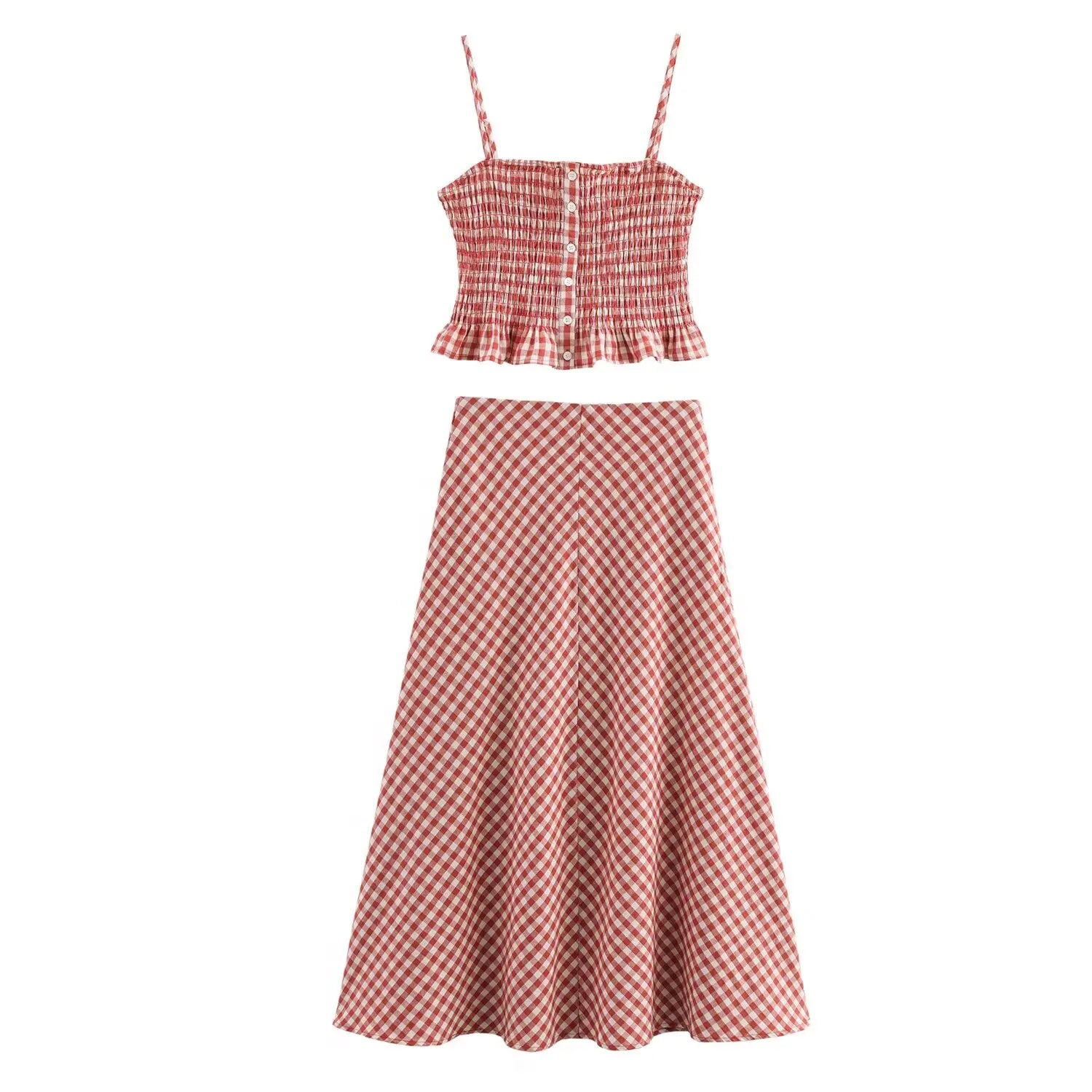 LIZAKOSHT  -  Plaid Vintage Summer Skirt Set for Women Spring Casual New in Dress Set 2 Pieces Red Midi Dress Beach Matching Set