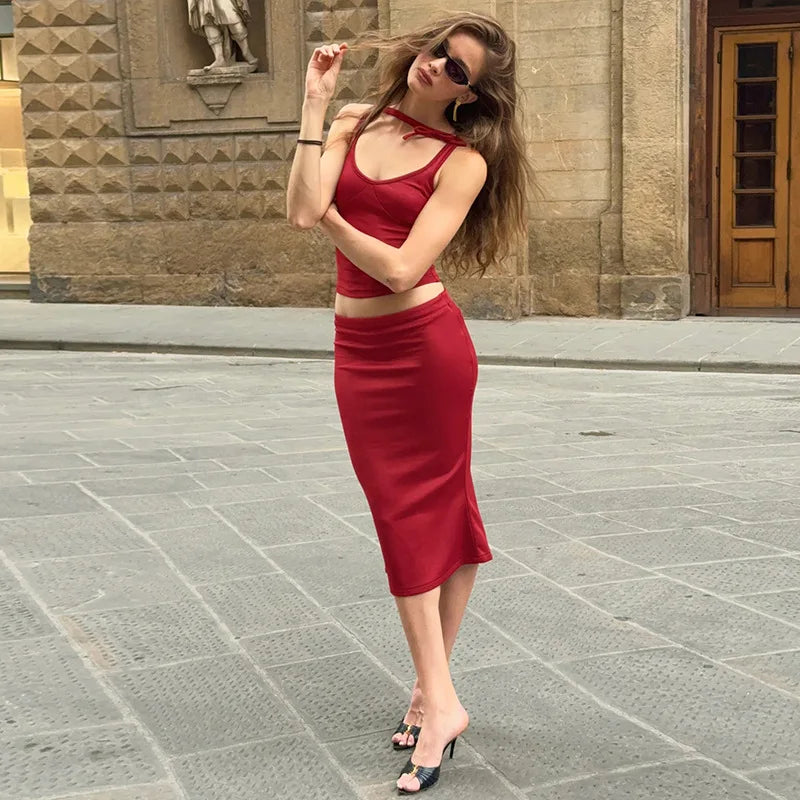 LIZAKOSHT  -  Womens Elegant Bowknot Sleeveless Tops+Midi Skirt Suit Summer Ladies Sexy Two-piece Dress Matching Sets Vacation Streetwear