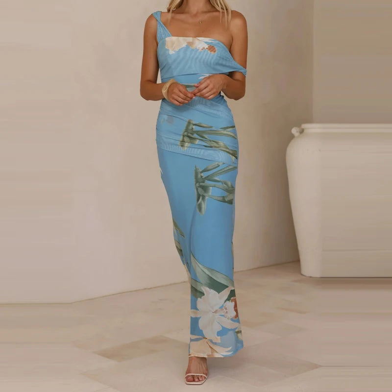 LIZAKOSHT  -  Pattern printed women's temperament slim fit dress casual vacation elegant off shoulder fashion party long dress