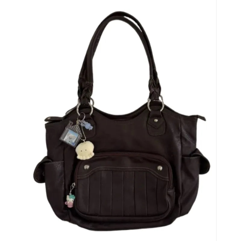 LIZAKOSHT  -  Retro Mulard Coffee Tote Bag Women PU Leather Large Capacity Shoulder Bag Ladies Harajuku Commute Versatile Underarm Bag