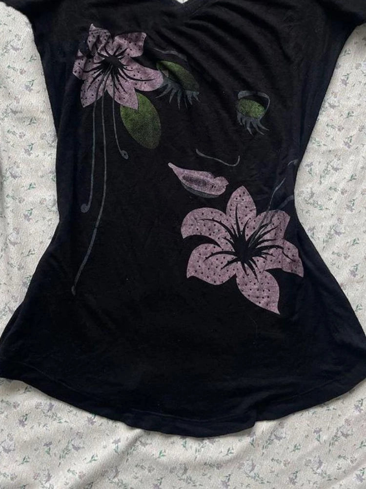 LIZAKOSHT  -  Y2k Aesthetic Flower Printing Women Grunge T-shirts Vintage Slim Harajuku Sexy Black Tshirts 2024 Summer Bottoming Crop Tops