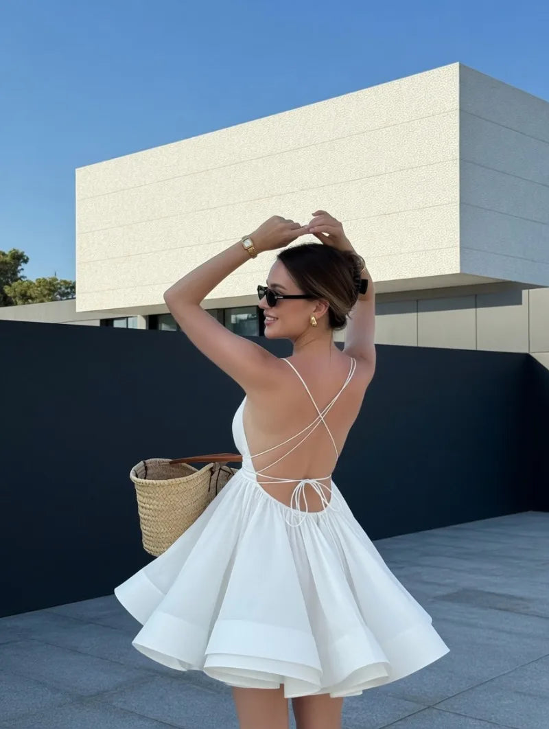 LIZAKOSHT  -  Vacation Beach Dress For Women Summer Sexy Deep V Neck Loose Solid Camisole Dresses Fashion Bandage Backless Ruffle Party Dress
