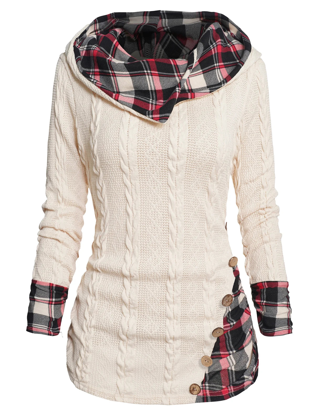 LIZAKOSHT  -  Twisted Cable Knit Plaid Print Hooded Sweater Mock Button Ruched Shawl Neck Sweater