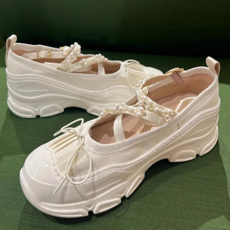 LIZAKOSHT  -  Women Pearls Buckle Mary Jane Shoes Thick Bottom Ballet Sneakers Round Toe Anti-slip Lightweight Loafers Zapatillas De Mujer