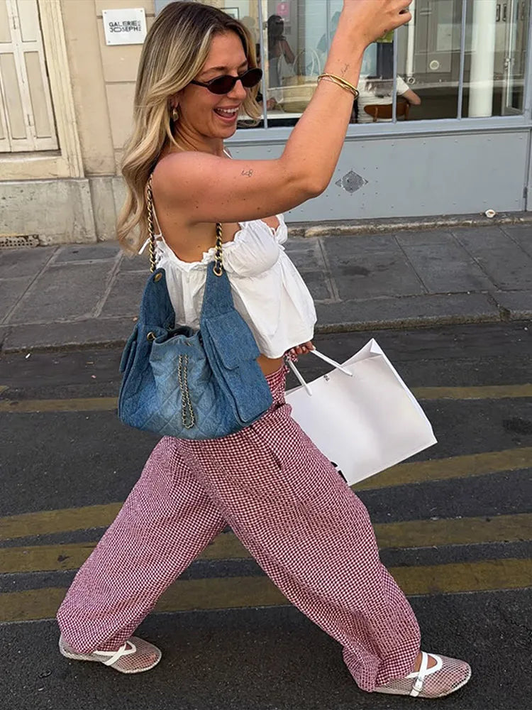 LIZAKOSHT  -  Elastic Drawstring Plaid Jogger Bottom Grid Thigh Cut Ankle Cuffs Summer Autumn Indoor Casual Lady  Vintage Cozy Outfit