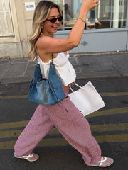 LIZAKOSHT  -  Elastic Drawstring Plaid Jogger Bottom Grid Thigh Cut Ankle Cuffs Summer Autumn Indoor Casual Lady  Vintage Cozy Outfit
