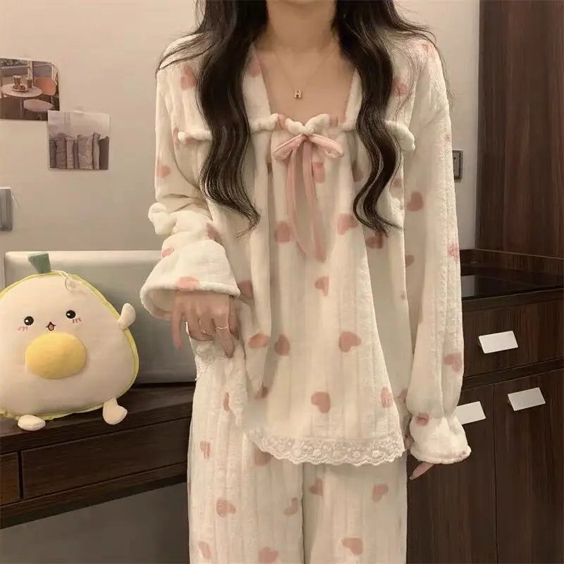 LIZAKOSHT  -  Coral Fleece Pajamas Sets for Women Plush Soft Warm Square Collar Lace Sweet  2 Piece Bow Tie Elegance Thickened Warm Homewear