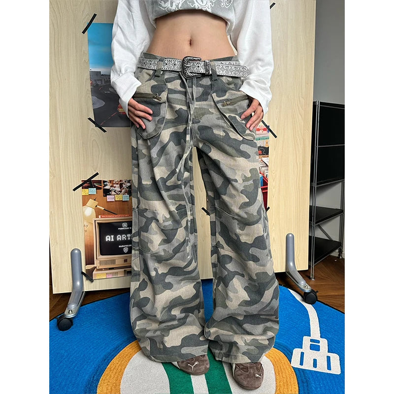  LIZAKOSHT  -  Autumn Winter Casual Distressed Camouflage Pants For Women Floor Length Wide Leg Trousers Autumn Winter New Tide