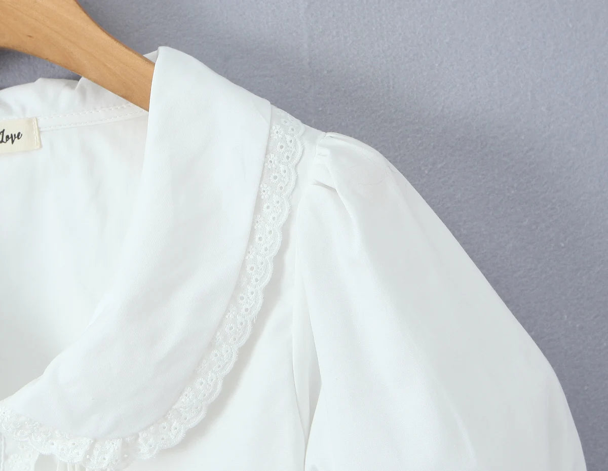 LIZAKOSHT  -  Stylish White Spliced Lace Short Puff Sleeve Shirt Women Peter Pan Collar Bow Hem Loose Crop Tops