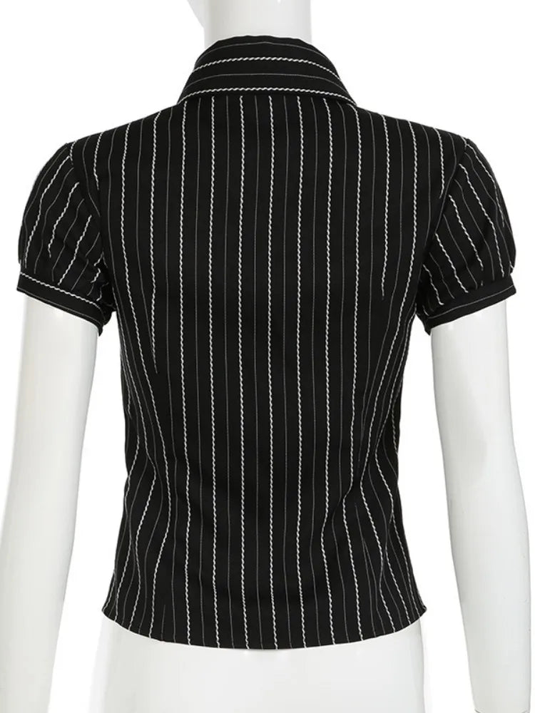 LIZAKOSHT  -  Streetwear Stripe Blouse Women Turndown Collar Tunic Y2k Aesthetic Crop Tops Harajuku Pleated Grunge Sexy Shirts Blouses