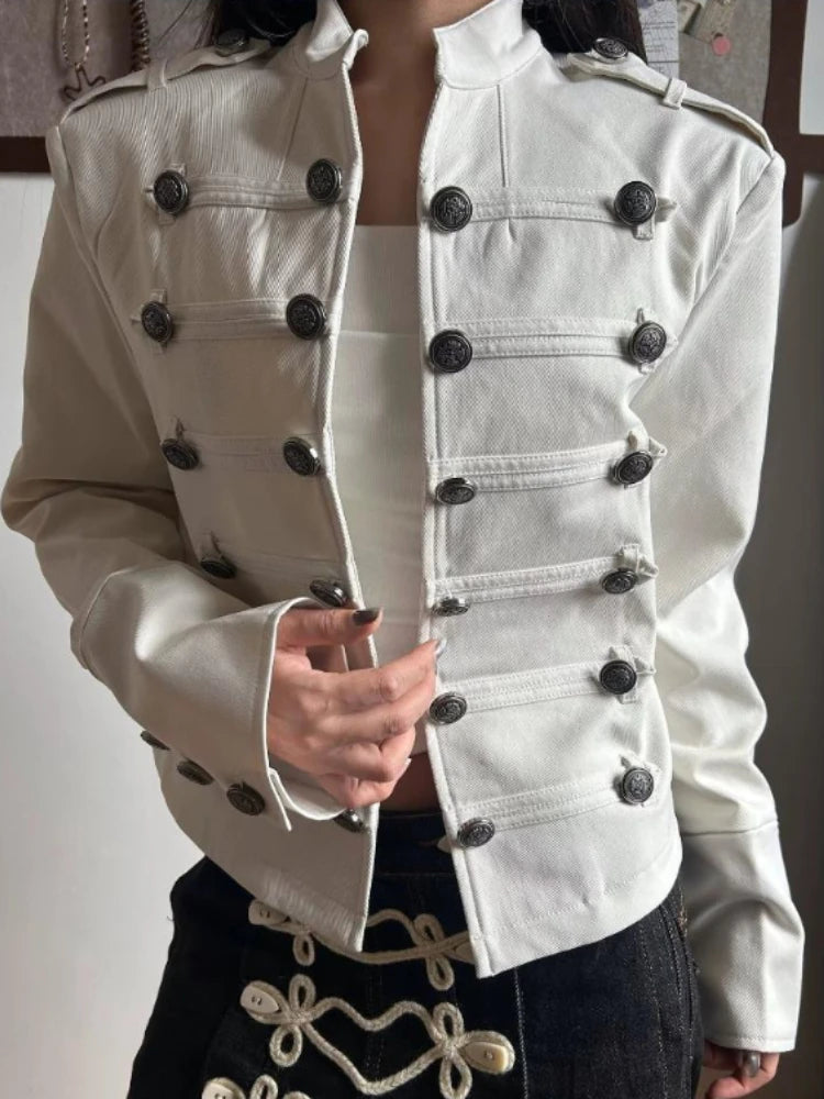LIZAKOSHT  -   Retro Palace Style White Short Jacket Women Y2k Stand Collar Metal Button Row Petite Slim Fit Jacket Streetwear Casual Coat 2027