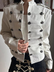 LIZAKOSHT  -   Retro Palace Style White Short Jacket Women Y2k Stand Collar Metal Button Row Petite Slim Fit Jacket Streetwear Casual Coat 2027