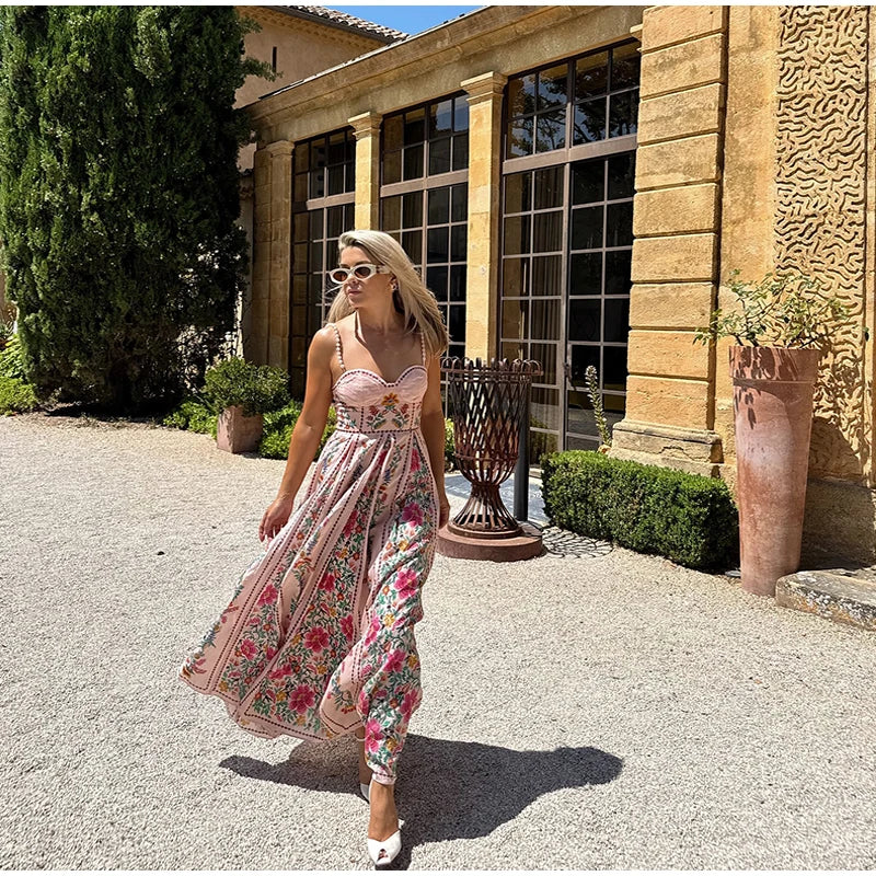 LIZAKOSHT  -  Sexy Printed Bead Sling Dress Women Fashion Sleeveless High Waist Pleated A-line Long Dresses 2025 Lady Summer Chic Party Robes