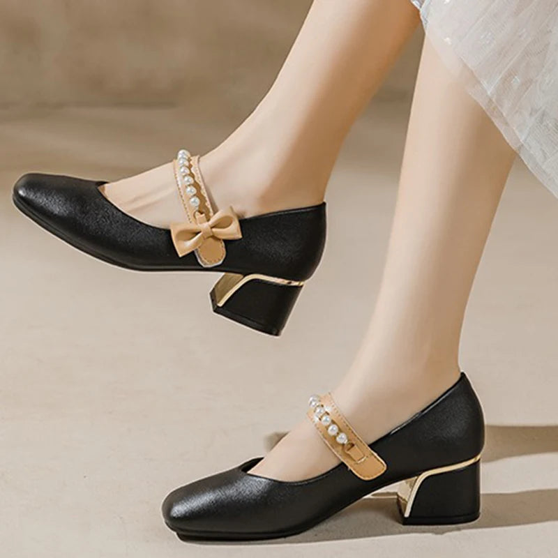 LIZAKOSHT  -  Women 5cm High Heels Elegant Prom Pumps Female Cute Pearl Bow Strap Thick Heels Lady Gentle Square Toe Mary Jane Shoes Big Size
