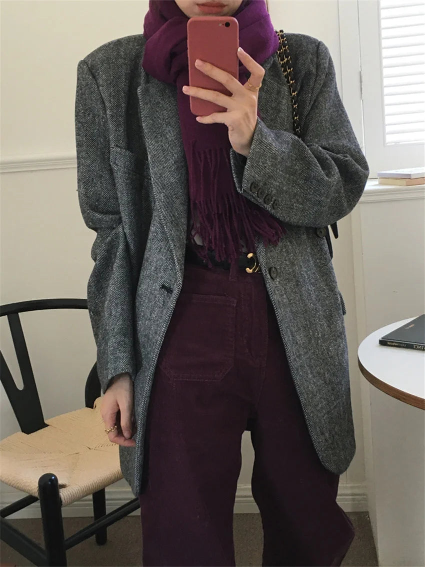 LIZAKOSHT  -  Work Wear Vintage Blazers Women Chic Slim New Autumn Elegant Office Lady High Street Loose Daily Wool Clothe