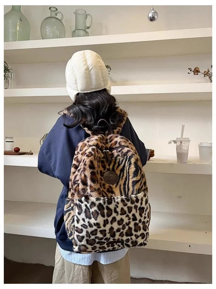 LIZAKOSHT  -  Women Faux Fur Leopard Fluffy Fashion Backpacks Large Capacity Students School Bag Vintage Commuter Backpack