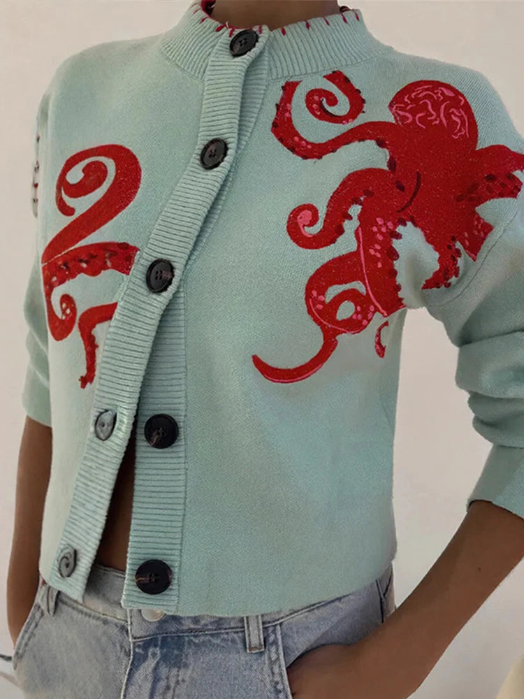 LIZAKOSHT  -  O-Neck Single Breasted Octopus Cardigan Woman Long Sleeve Loose Stitch Short Knit Jackets Casual Versatile Women's New Cardigans