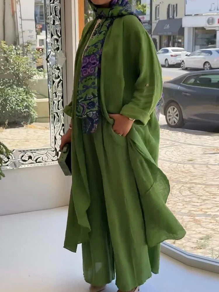 LIZAKOSHT  -  2 Piece Long Sleeve Maxi Shirts+Wide Leg Pants Eid Muslim Women Elegant Sets Abaya Dubai Turkey Islamic Casual Tops Solid Outfit