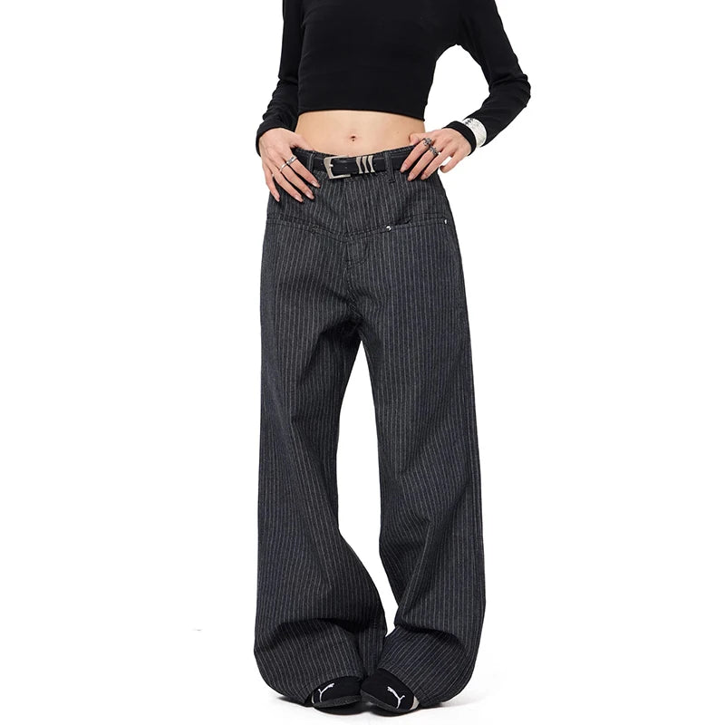 LIZAKOSHT  -  Women Vintage Baggy Stripe Jeans High Waist Grunge Denim Trousers 2000s Y2k Harajuku Aesthetic Pants Trashy Clothes