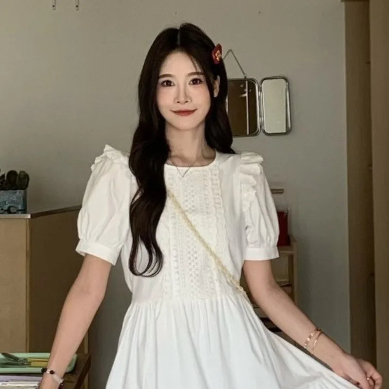 LIZAKOSHT  -  White Spring Summer Dresses for Woman Solid Ruffles Puff Sleeve Long Dress Korean Fashion Elegant Vestidos Mujer