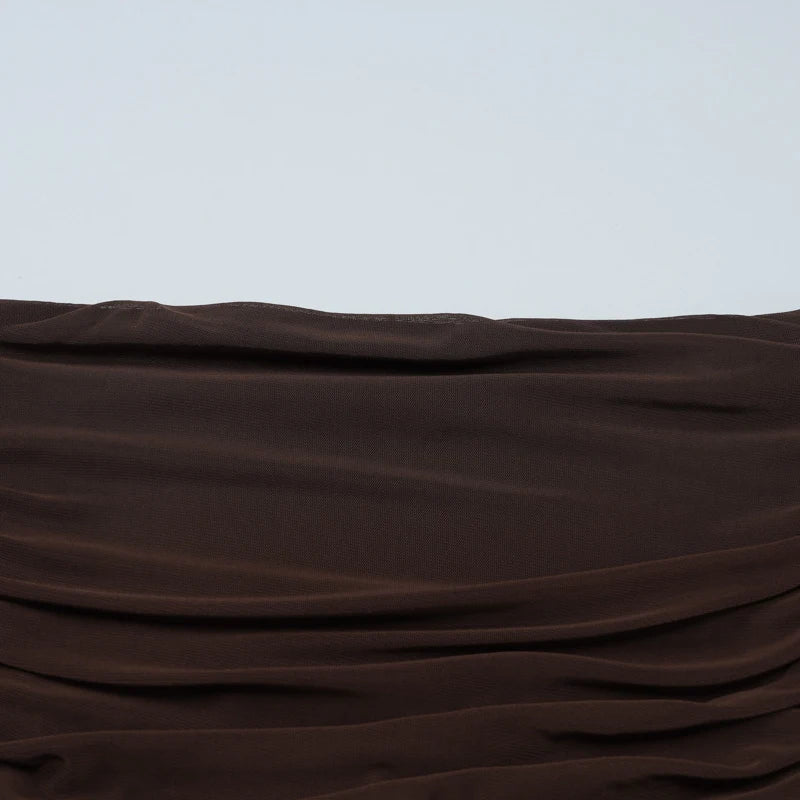 LIZAKOSHT  -  Solid Strapless Mesh Patchwork Hem Semi-sheer Fashion Vintage Brown Backless Sleeveless Bodycon Pleated Maxi Dress Clubwear