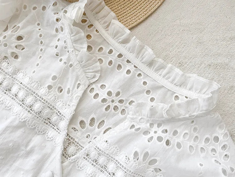 LIZAKOSHT  -  Ruffles Long Sleeve Ladies Tops White Blouses shirts Women Floral Embroidey Lace 100% Cotton Boho Casual Spring Summer Blouse