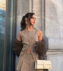 LIZAKOSHT  -  Plaid Skirt Suit Slim Suit Women's 2-piece O-neck Vest+trouser Skirt Summer Ladies' Elegant Suit New