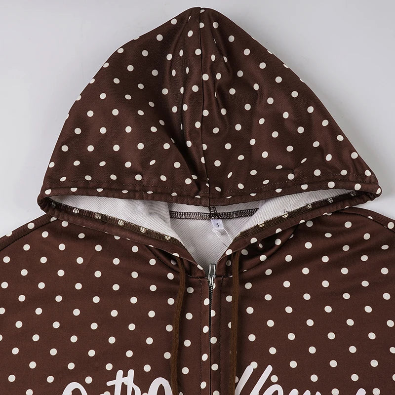 LIZAKOSHT  -  Retro Brown Polka Dot Print Hooded Sweatshirt Women Zip-Up hoodie Coats Clothes Women Autumn Going Out Outfit Streetwea