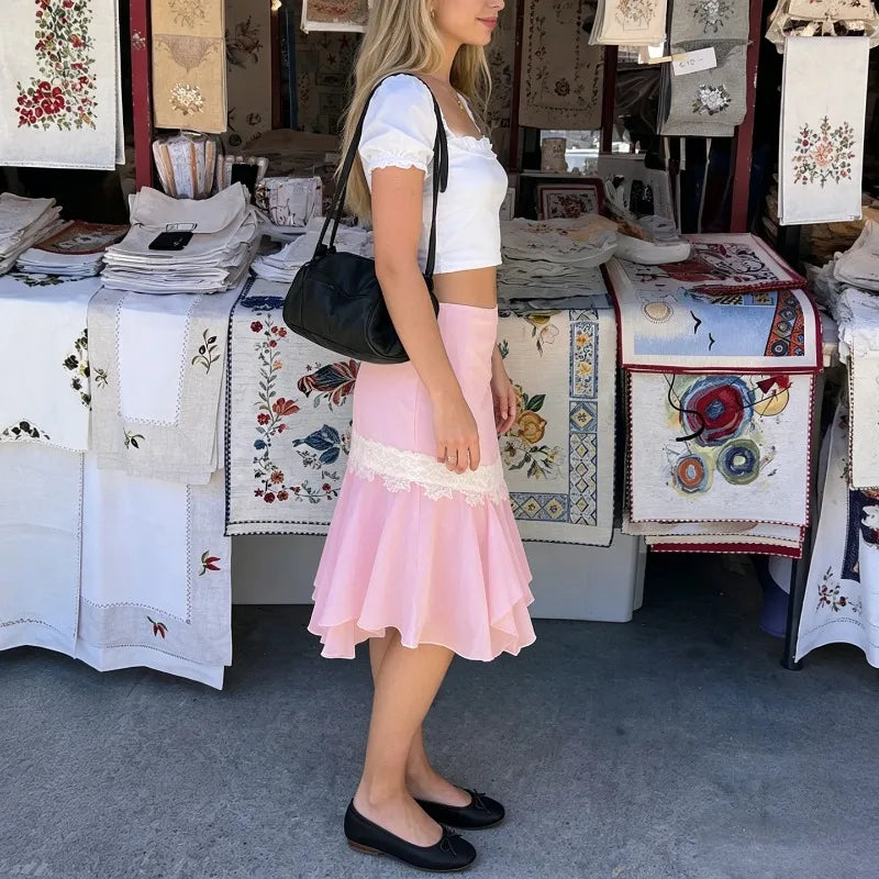 LIZAKOSHT  -  Vintage Sweet Women Summer Lrregular Design Skirt Y2k Aesthetic Spliced Lace Pleated Jupe Casual Vacation Style Streetwear Skirt