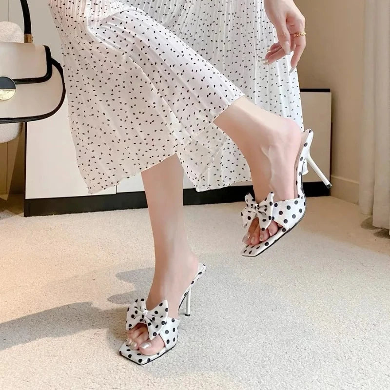 LIZAKOSHT  -  Summer Women Satin Butterfly-knot Polka Dot Slippers Sexy Stiletto Heel Dress Shoes Elegant Banquet Stripper Party Slides Shoes