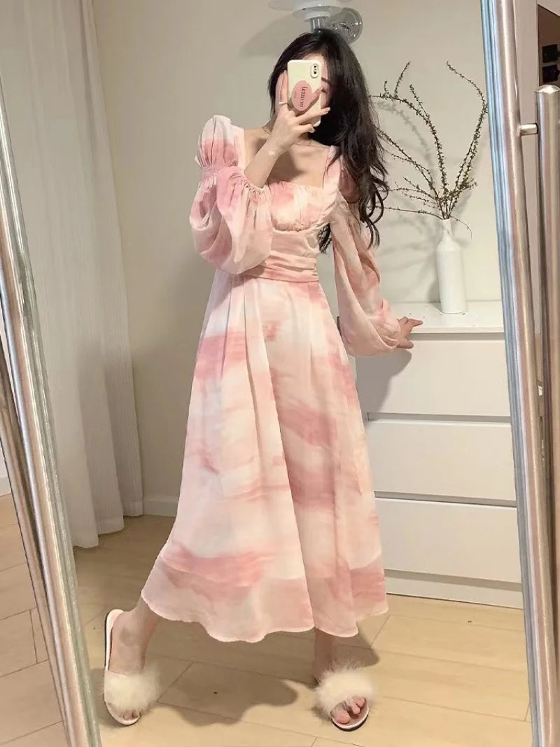 LIZAKOSHT  -  French Vintage Long Sleeve Floral Midi Dress Summer Elegant Party Pink Dress Woman Casual Fashion Chic Beach Chiffon Dress