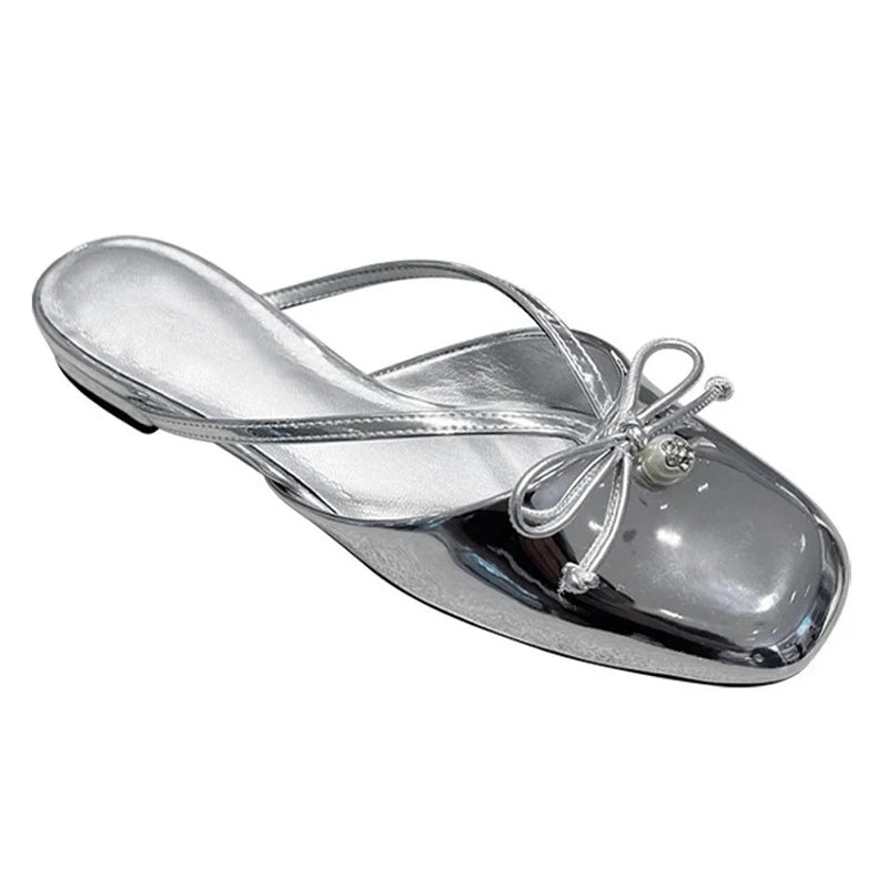LIZAKOSHT  -  Sliver leather bowtie slippers women Square Toe flower embroider sandals low heel outdoor summer pantuflas mujer big size 43