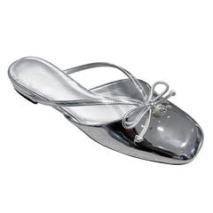 LIZAKOSHT  -  Sliver leather bowtie slippers women Square Toe flower embroider sandals low heel outdoor summer pantuflas mujer big size 43