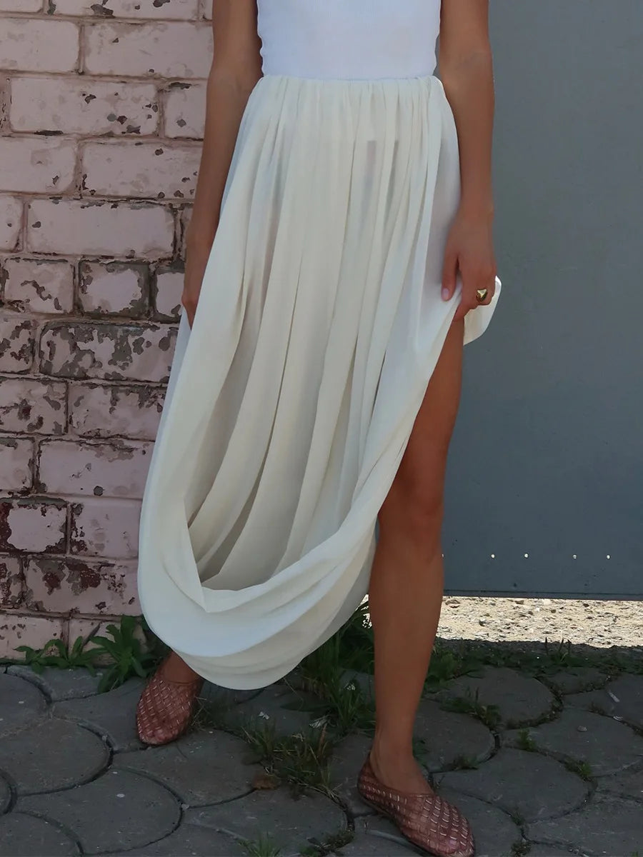 LIZAKOSHT  -  Casual Beach Holiday Long Skirt Women's Mesh Pleated High Waist Solid Elegant Patchwork Summer Maxi Skirt Female Clothes