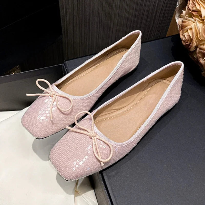 LIZAKOSHT  -  Bling Ballet Flats Women Shoes Square Toe Shiny Spring Autumn Footwear Women Shallow Fashion Comfort Sweet Bow Mary Jane Shoes