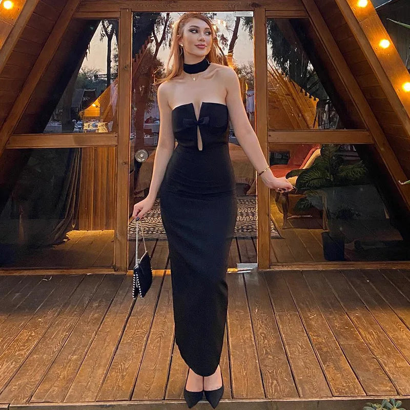 LIZAKOSHT  -  Off-Shoulder Bow Slim Long Dress Women's Fashion Collage Sexy Hollow Backless Elegant Evening Dress Women's Long Dress