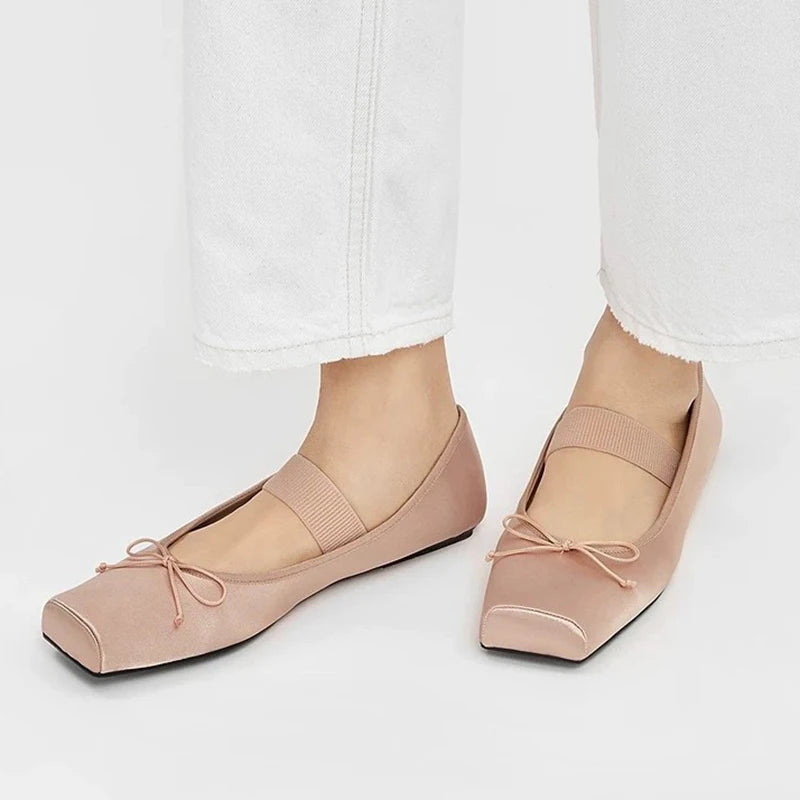 LIZAKOSHT  -  sweet pink silk flat shoes woman square toe bowtie ballet flats silver leather mary janes shoes elastic band moccasions women