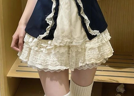 LIZAKOSHT  -  Japanese Sweet Preppy 2 Piece Set Women Navy Bow Cardigan + High Waist Lace Tiered Cake Mini Skirt Summer Casual Fashion Outfit