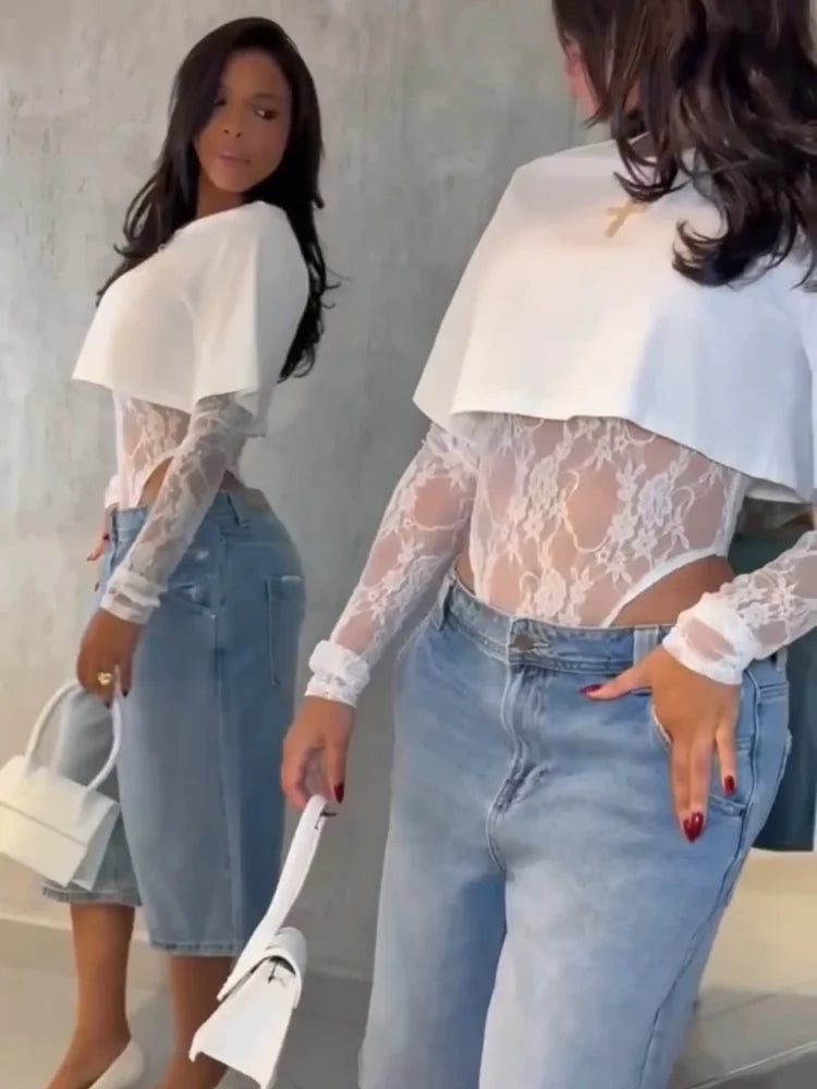 LIZAKOSHT  -  Lace T-shirt Top Jumpsuit Women O-neck Full Sleeve Irregular Fit Tops Summer Fashion Female Streetwear Fake Two Pieces