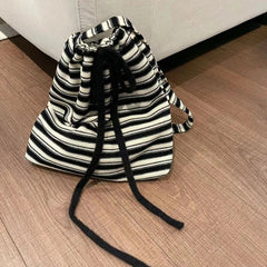 LIZAKOSHT  -  Contrast Color Striped Women Shoulder Bag Korean Vintage All Match Handbags Y2k Drawstring Knitted Crossbody Bags High-capacity