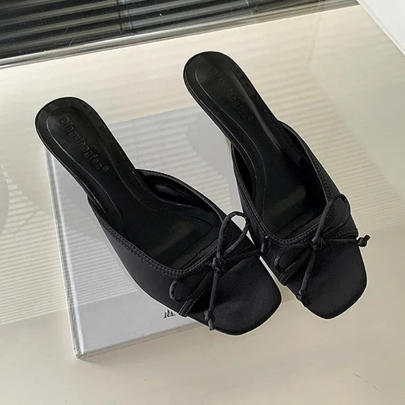 LIZAKOSHT  -  Fashion Kitten Heel Slippers for Women Satin Bow Concise Comfort Slides Female Summer New Low Heel Open Toe Mules Sandals Women