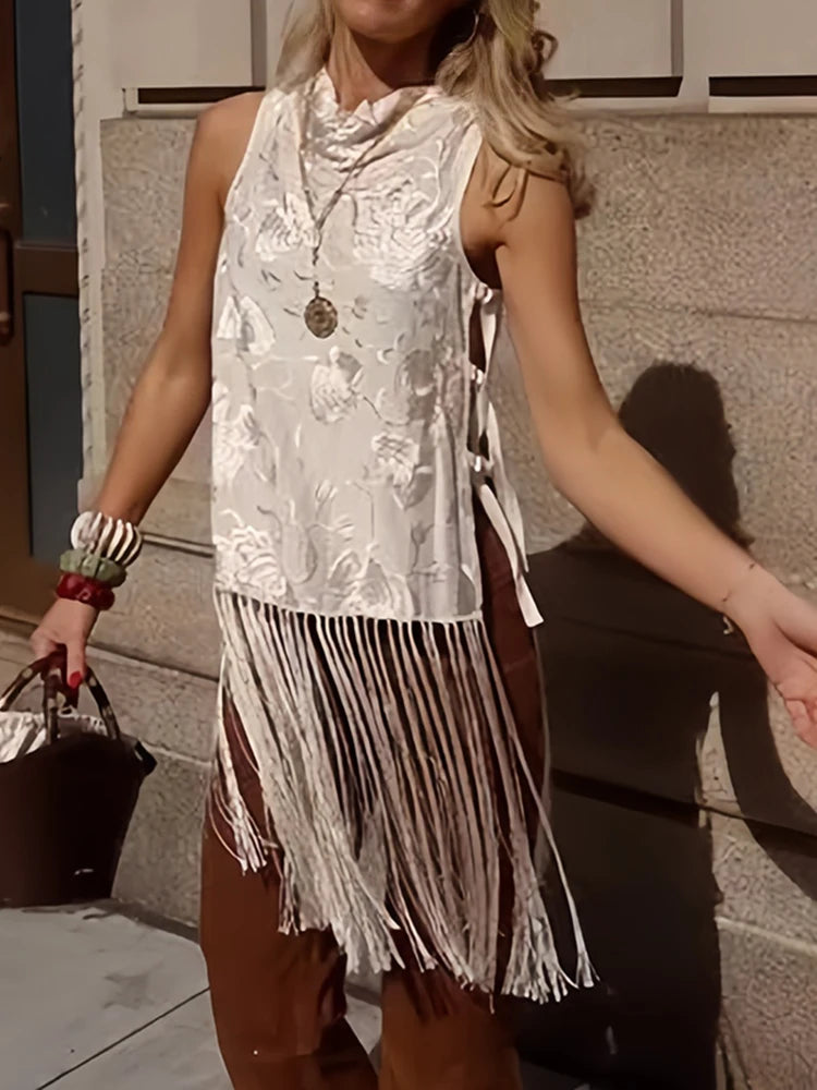 LIZAKOSHT  -  Elegant Tassel Splice Women Sleeveless Top Summer Fashion O-neck Hollow Out Loose Shirt Casual Crochet Simple Pullover Vest